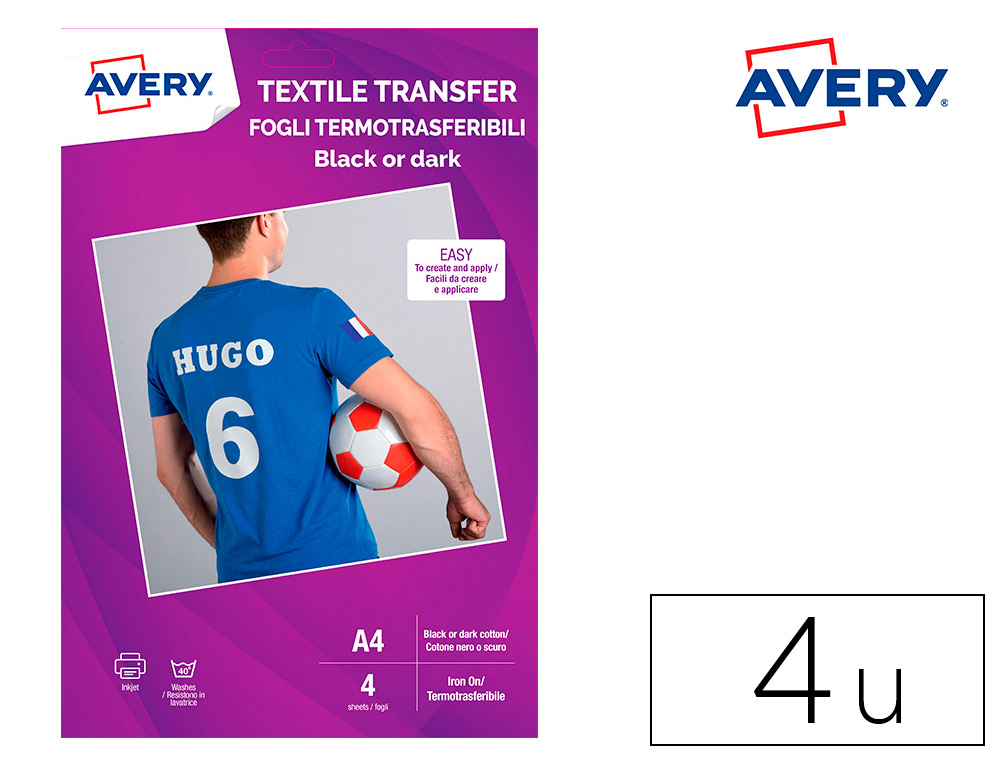 PAPEL TRANSFER AVERY ALGODON OSCUROS INK-JET DIN A4 PACK DE 4 HOJA