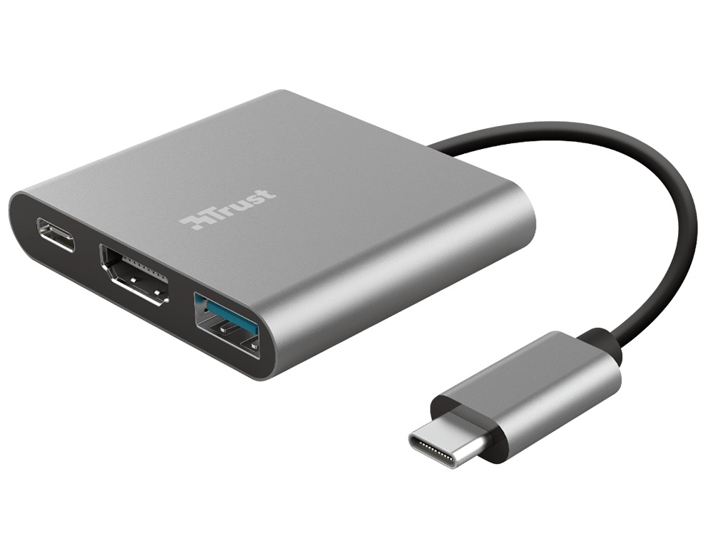 ADAPTADOR TRUST DALYX 3 EN 1 MULTIPUERTO USB-C / USB-A USB-C HDMI 2.0 COLOR ALUMINIO