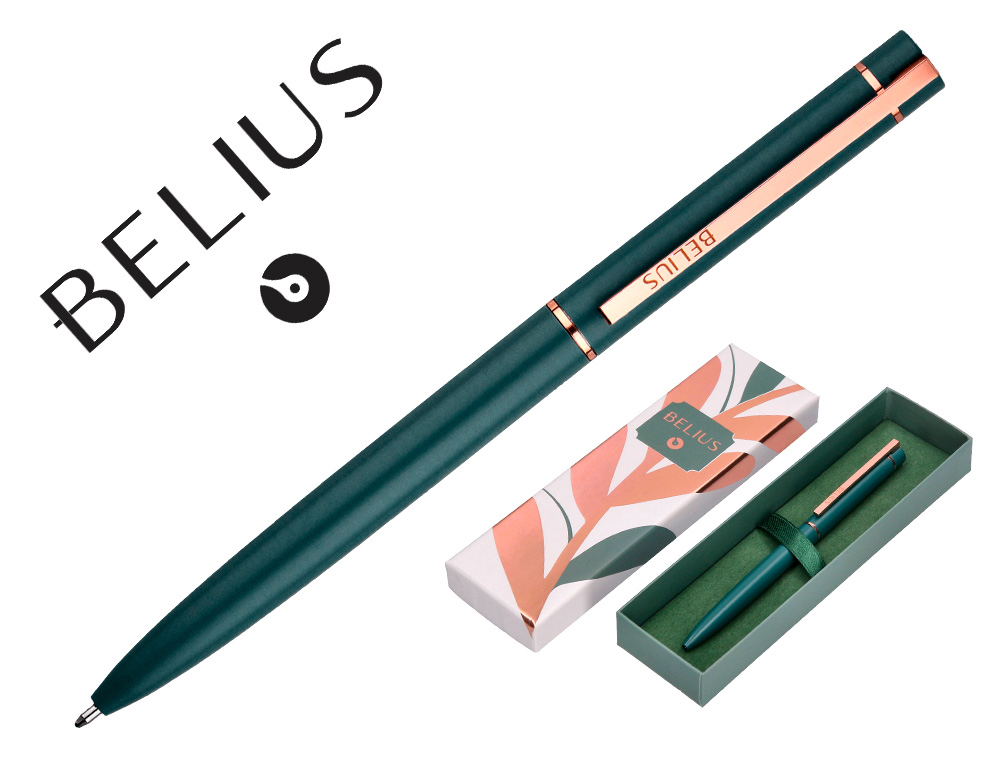 BOLIGRAFO BELIUS ROSE ALUMINIO COLOR VERDE OLIVA/ORO ROSA TINTA AZUL CAJA DE DISEO