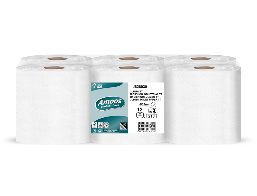 PAPEL HIGIENICO AMOOS JUMBO INDUSTRIAL 2 CAPAS 30G/M2 PAQUETE DE 12 ROLLOS