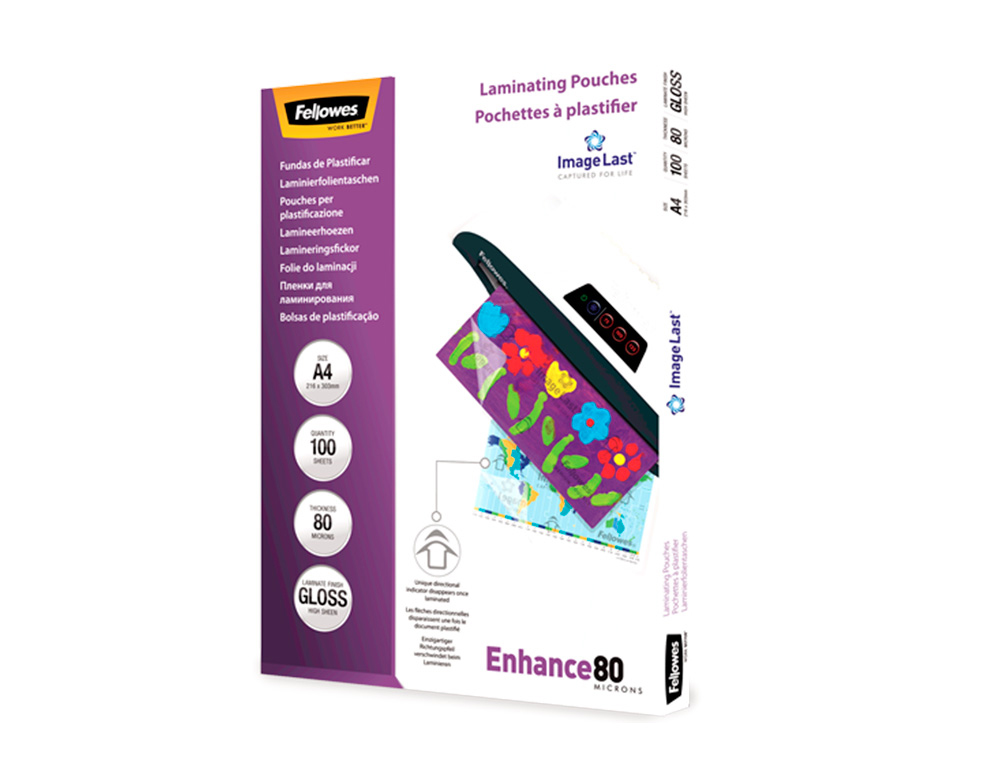 BOLSA DE PLASTIFICAR FELLOWES BRILLO DIN A4 80 MC PACK DE 100 UNIDADES